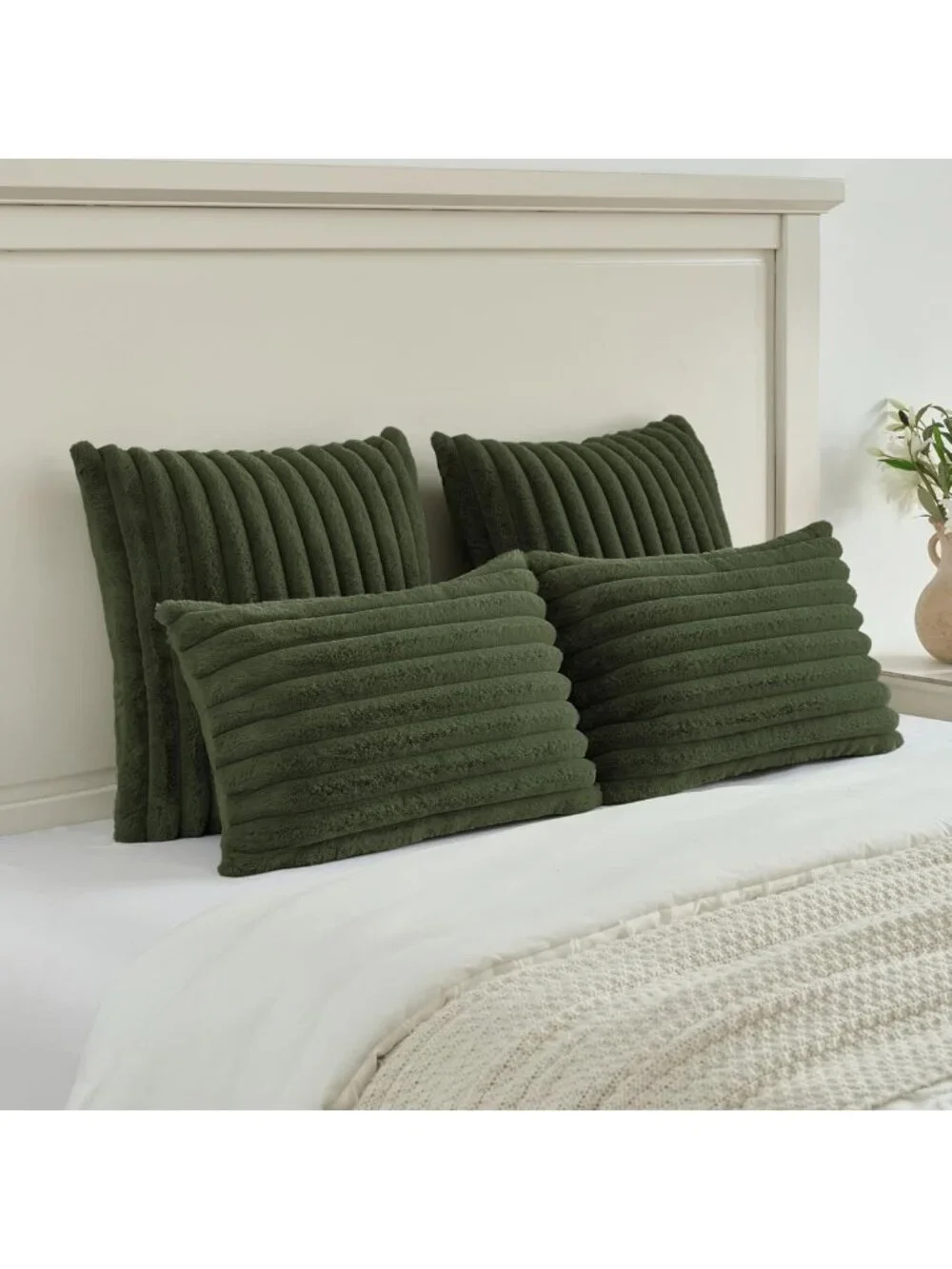 Set of 2 Olive Green Fluffy Faux Fur Throw Pillow Covers 18x18
